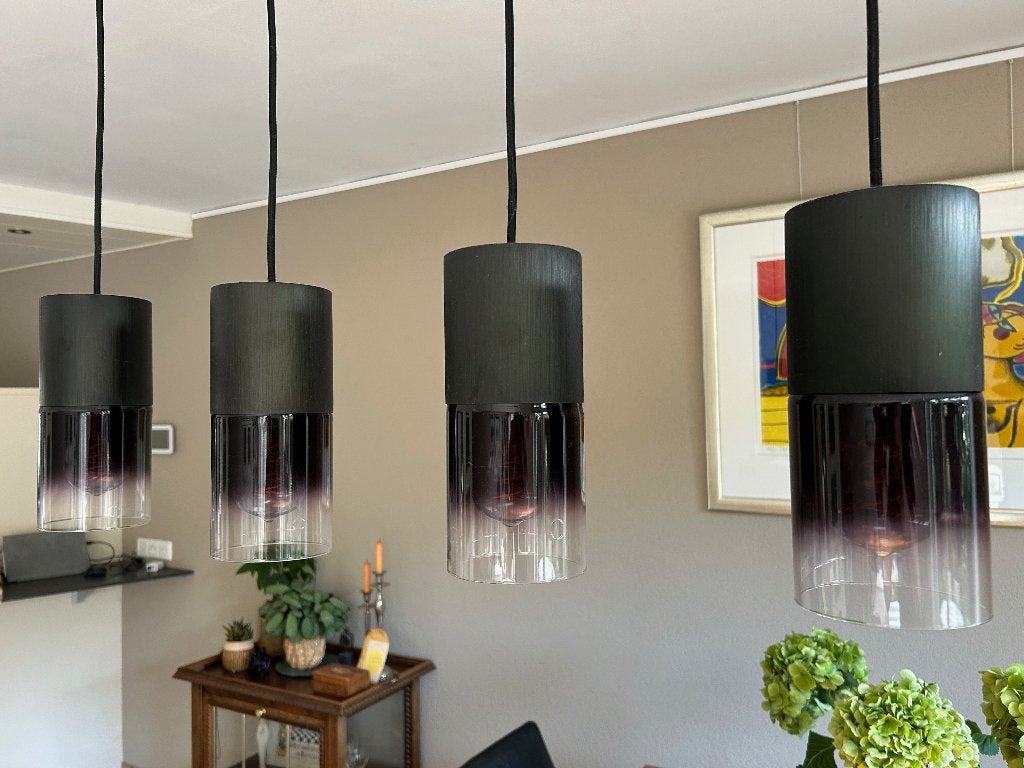 Stijlvolle moderne hanglamp (4 lampen), Ophalen, E27 (groot), Zo goed als nieuw, Glas