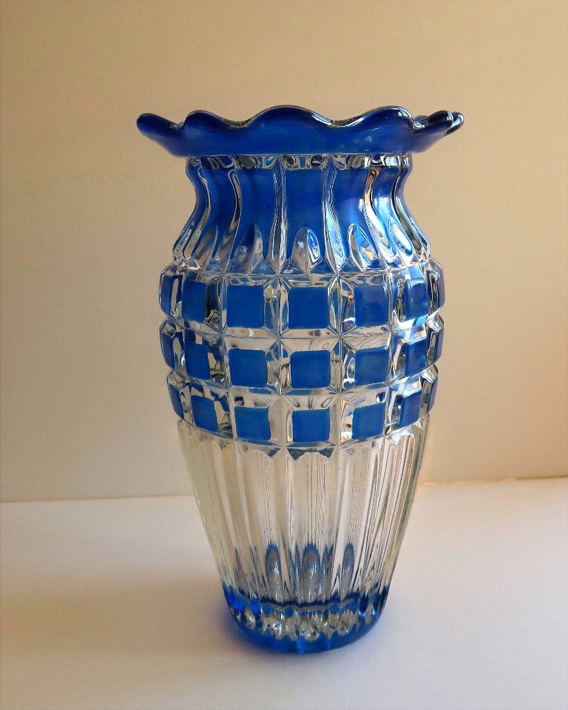 Glazen vaas SKLO hoog 25 cm diam 15 cm Vintage Antiek Blaauw, Ophalen of Verzenden