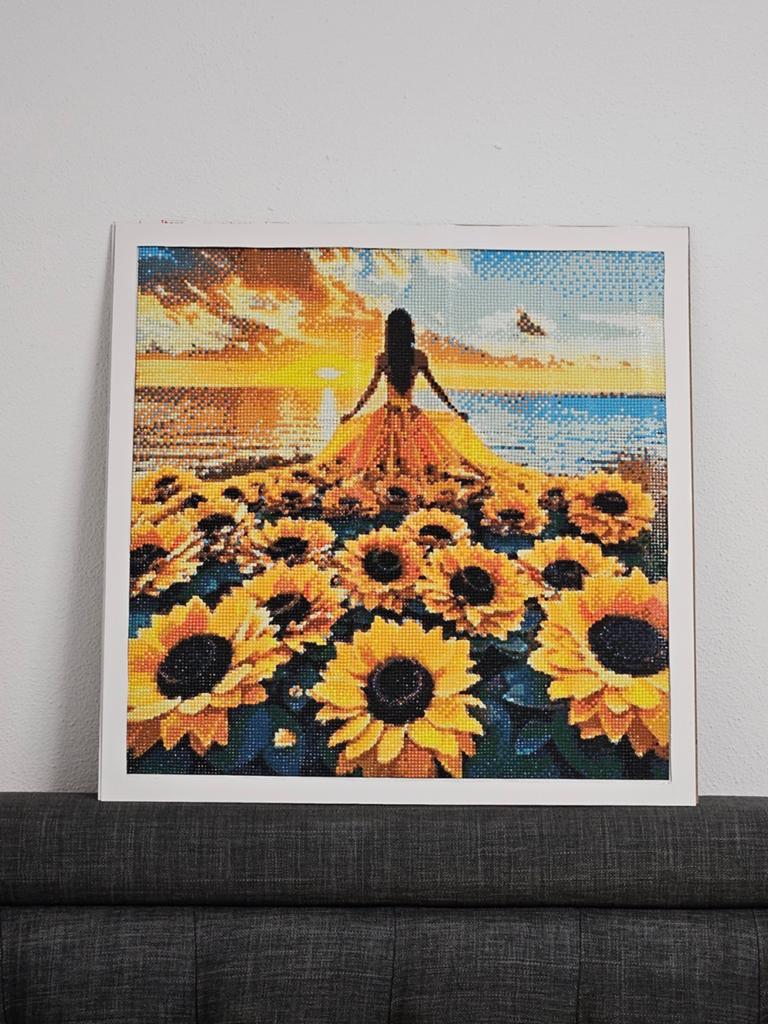Handgemaakte Diamond Painting Zonnebloem Vrouw 50x50 cm, Hobby en Vrije tijd, Knutselen, Diamond painting, Nieuw, Meerkleurig