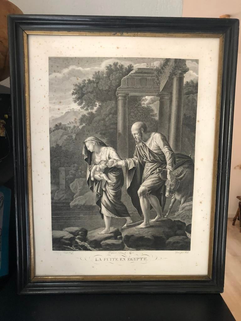 prachtige antieke pentekening, gravure in zwarte kader, Antiek en Kunst, Kunst | Etsen en Gravures, Ophalen of Verzenden