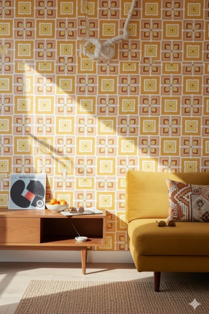 6978 geel oranje grafisch 70s vintage behang energiek swiet, Huis en Inrichting, Stoffering | Behang, Verzenden, Oranje