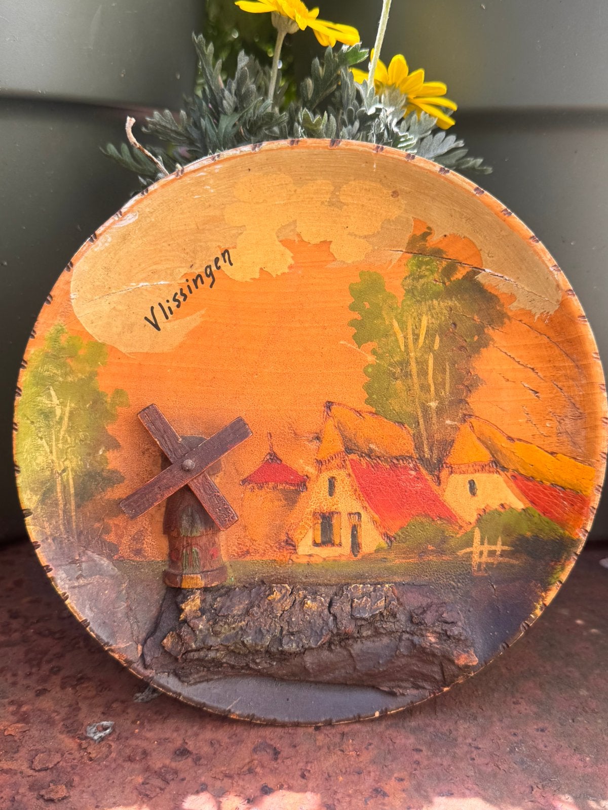Vintage houten bordje Vlissingen met molen en huisjes, Ophalen of Verzenden