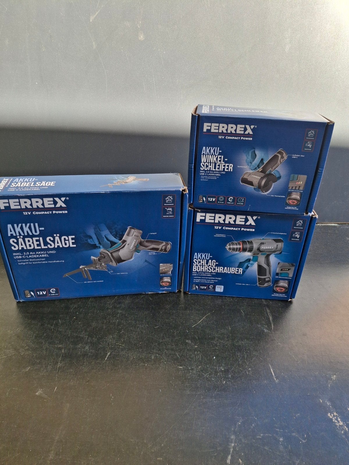 Ferrex 12V Accu Gereedschap Set: Boormachine, Zaag, Slijper, Doe-het-zelf en Verbouw, Gereedschap | Boormachines, Nieuw, Ophalen of Verzenden