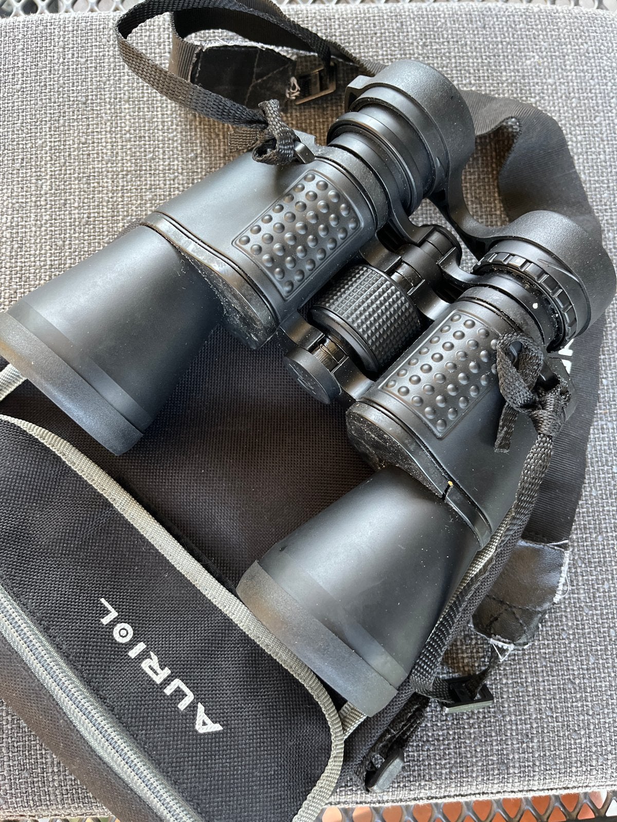 Auriol Verrekijker 10x50 met tas, Ophalen, Gebruikt, Porro (met knik), 8 tot 12x