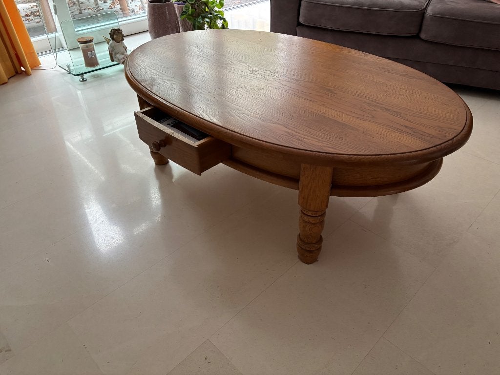 Massief Eiken salontafel met lades, Ophalen, 100 tot 150 cm, Eikenhout, 50 tot 100 cm