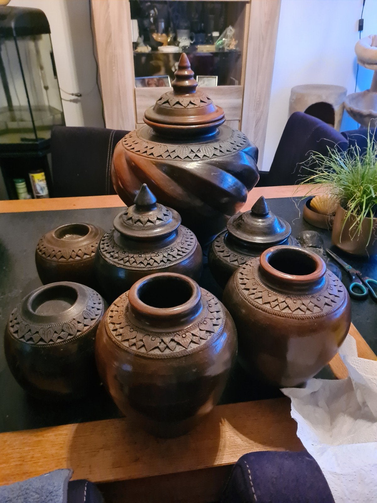 Set van 7 Raku potten/vazen/kaarsenhouders, Ophalen