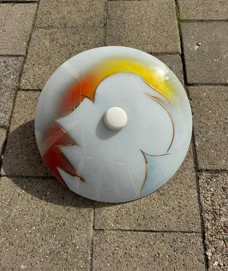 Vintage glazen design lamp plafondlamp 47cm, Ophalen, 47 cm, Inclusief lichtbron, Meerkleurig
