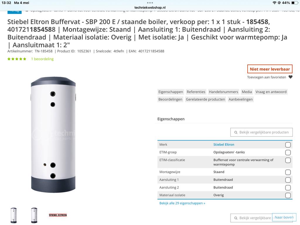 Stiebel Eltron Buffervat - SBP 200 E - 200 liter nieuw, Ophalen, Aardgas, 100 liter of meer, Nieuw