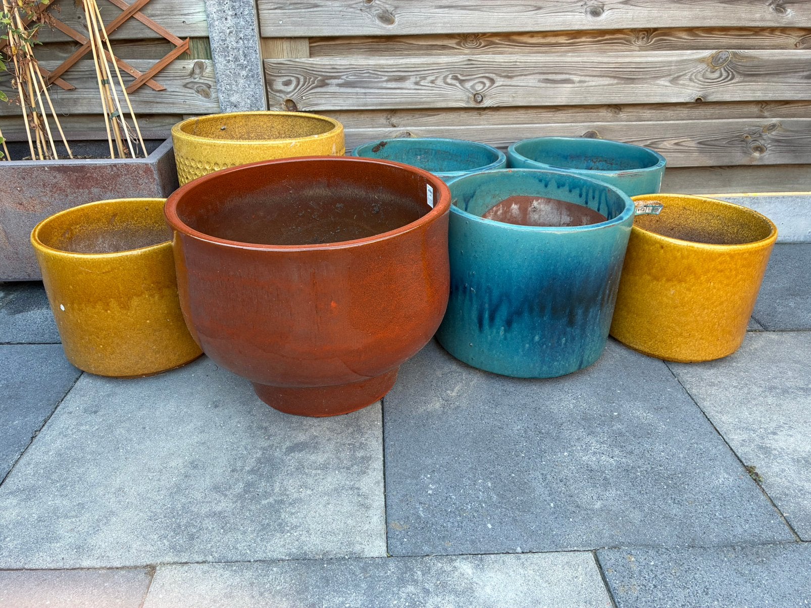 Mooie geglazuurde buitenpotten diverse kleuren en maten, Tuin en Terras, Bloempotten, Ophalen, Rond, Zo goed als nieuw, Aardewerk