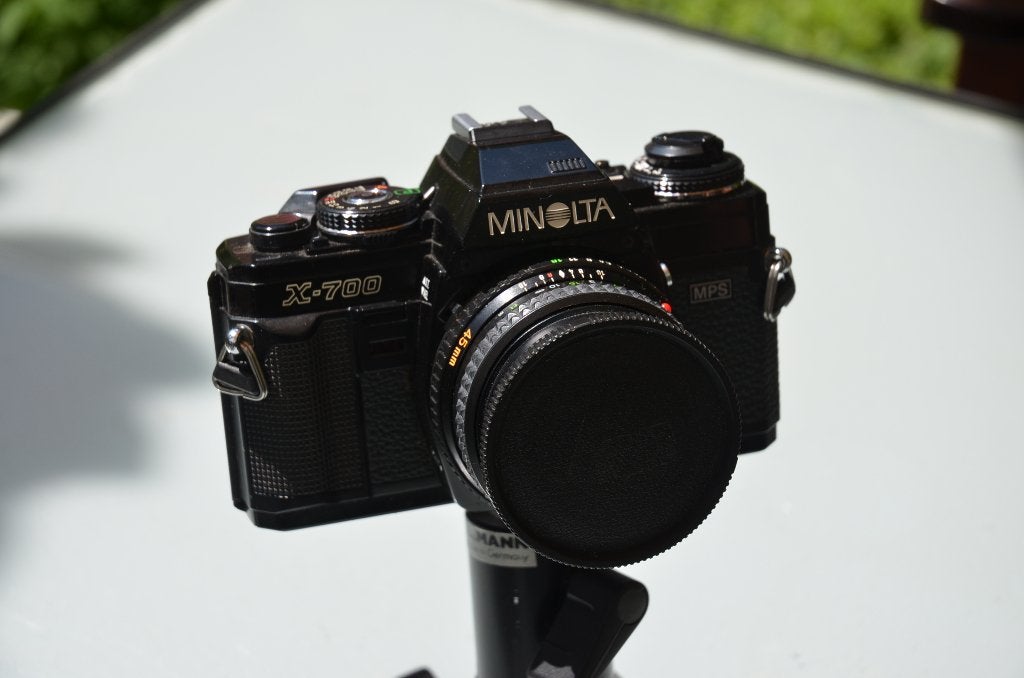Zwarte Minolta X-700 MPS – Rokkor 45mm f/2 Pancake, Ophalen of Verzenden, Gebruikt, Spiegelreflex, Minolta