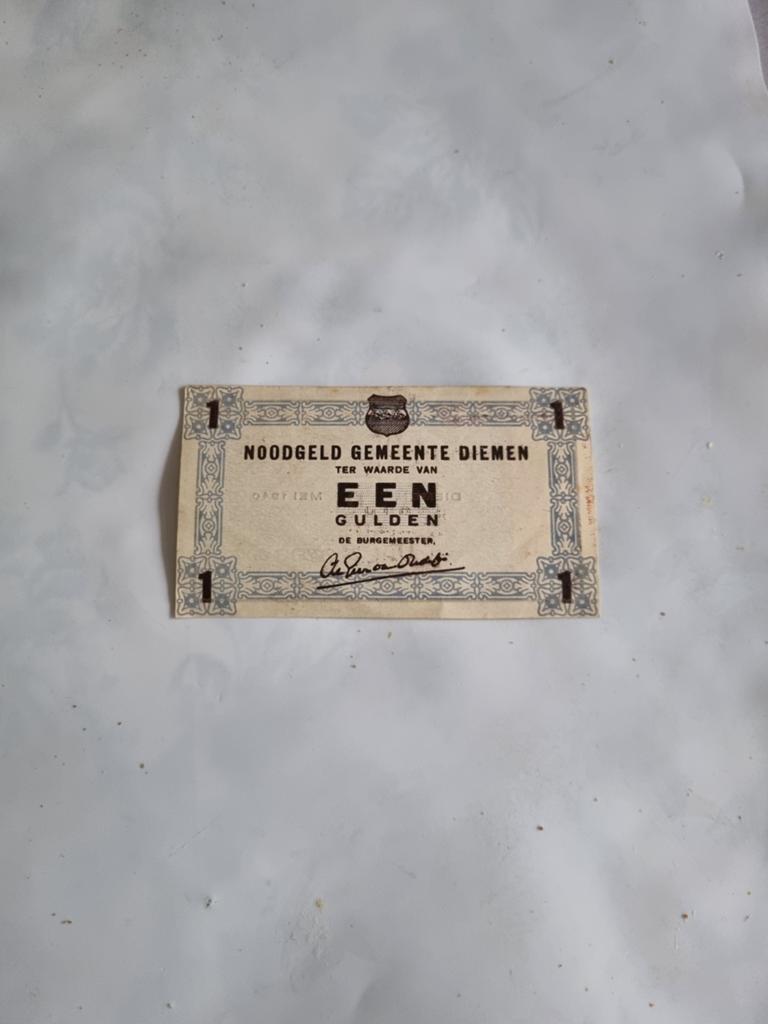 Nederland: noodgeld van1 gulden uit 1940 Gemeente Diemen, Postzegels en Munten, Bankbiljetten | Nederland, Ophalen of Verzenden