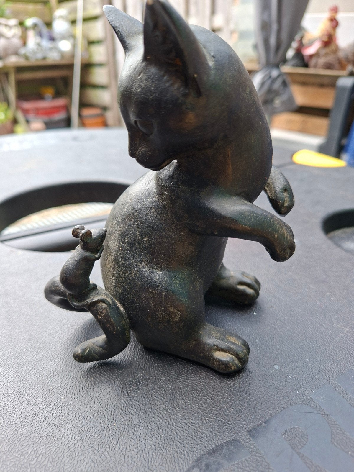 Bronzen Kat met Muis Beeldje - Vintage Decoratie, Ophalen of Verzenden
