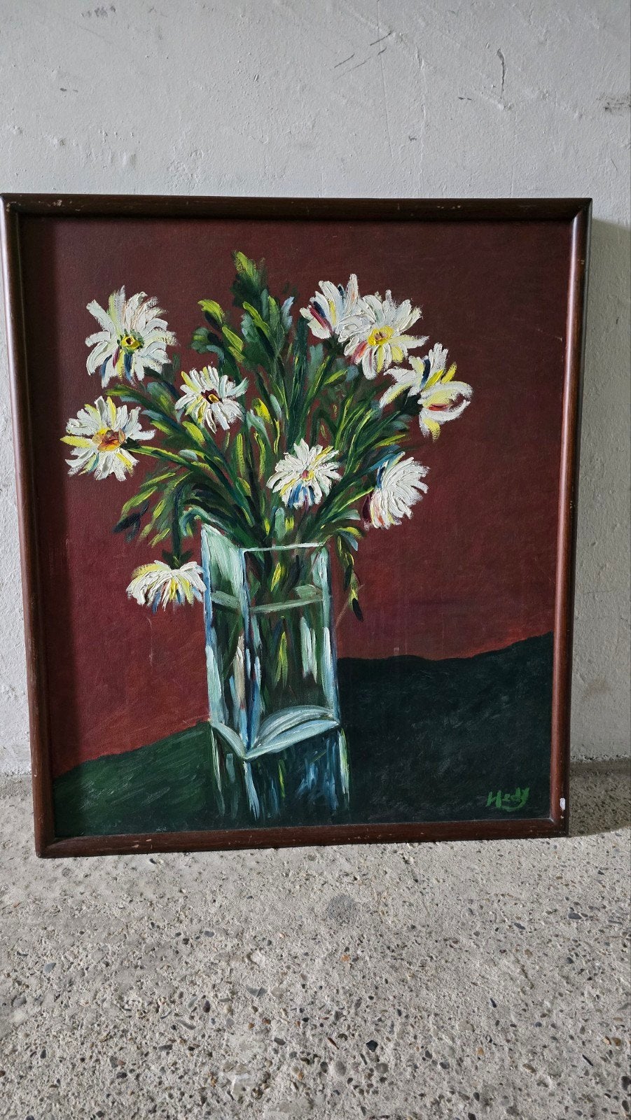 Schilderij: Margrieten in vaas, gesigneerd Hedy   60x75, Doek, Expressionistisch, Ophalen, Bloemen