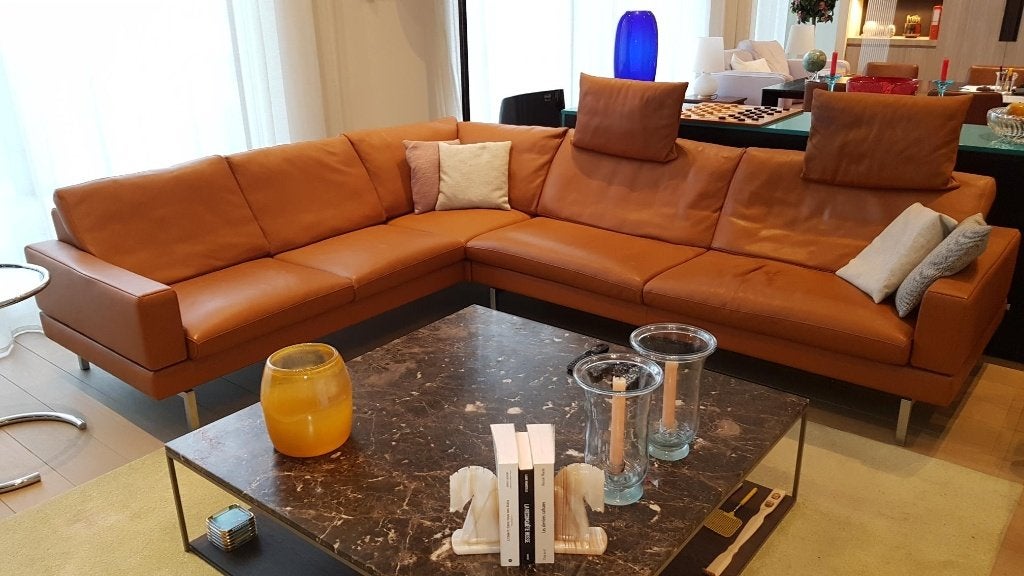 Exclusieve JORI Tigra hoeksalon in prachtig cognac leder., Ophalen, 250 tot 300 cm, Zo goed als nieuw, Vierpersoons of meer
