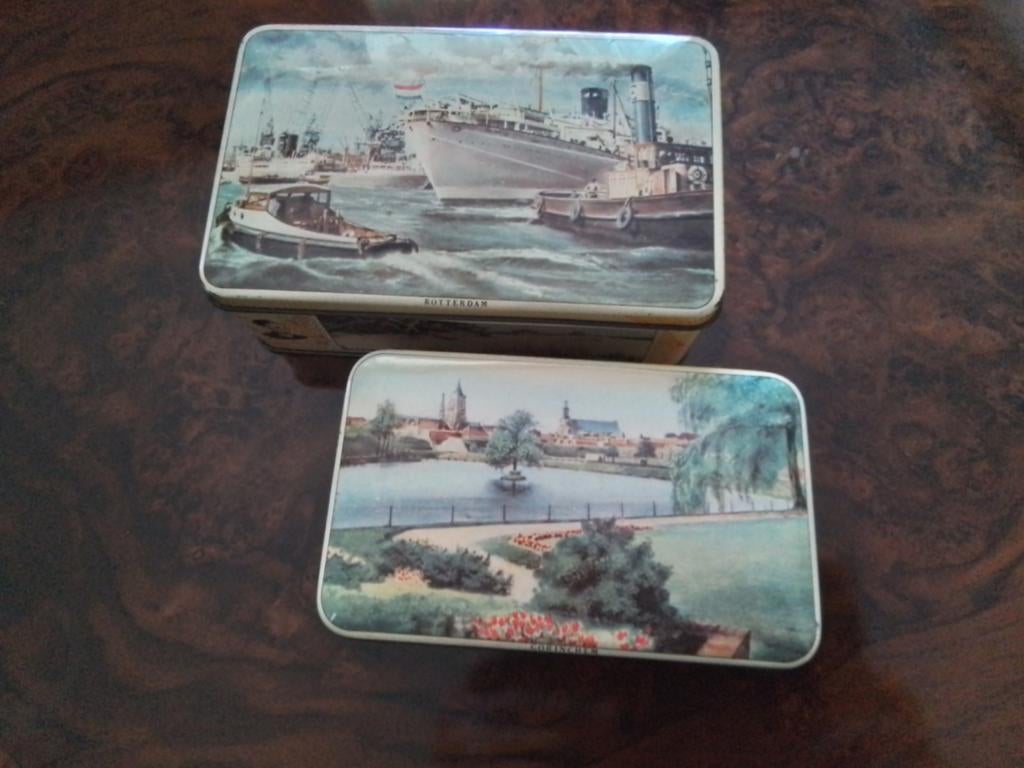 Oude vintage koektrommel's/blikken de Bruinkoek, Ophalen of Verzenden, Gebruikt, Glas of Kopje