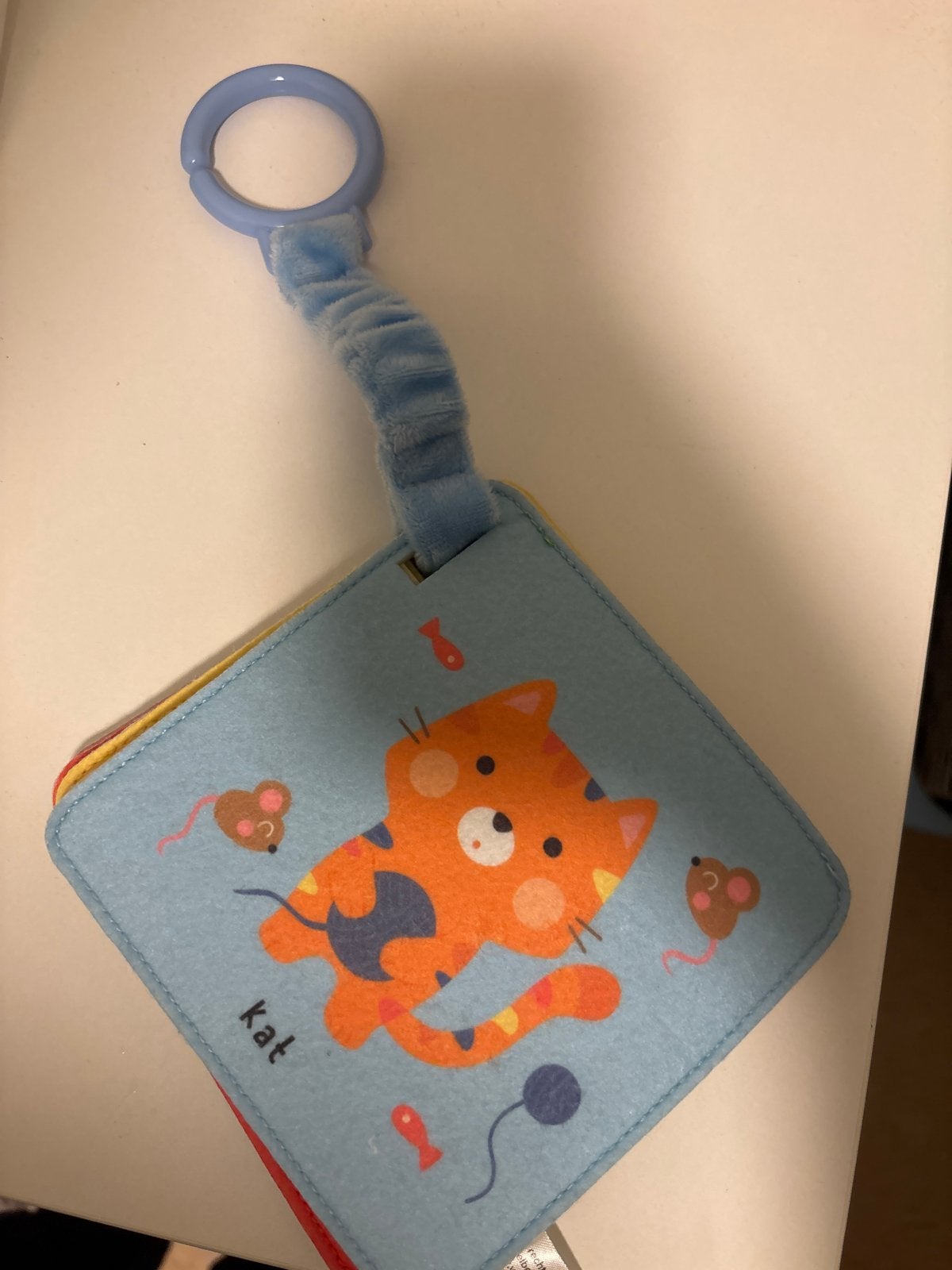 Zacht stoffen boekje 'Kat' met ring voor baby's, Ophalen, Zo goed als nieuw, Overige typen
