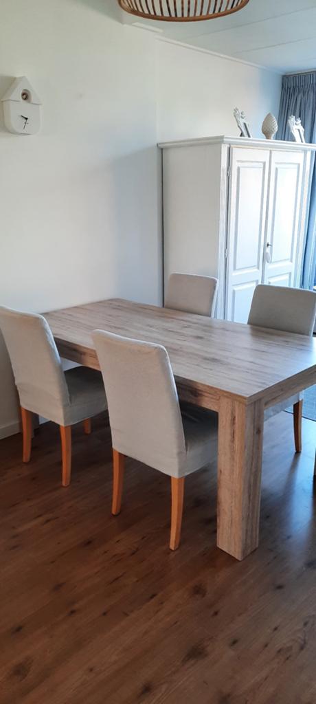 Te koop: eetkamertafel (uitschuifbaar) met 4 stoelen, Ophalen, Gebruikt, 50 tot 100 cm, Vijf personen of meer