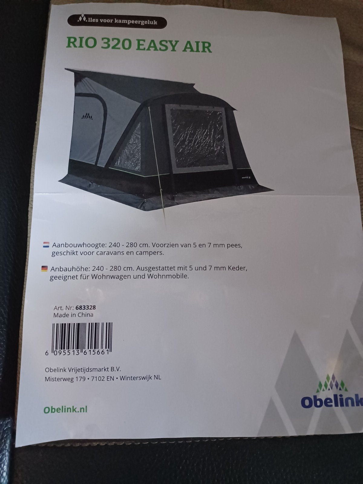 Obelink Rio 320 easy air voortent, Ophalen, Zo goed als nieuw