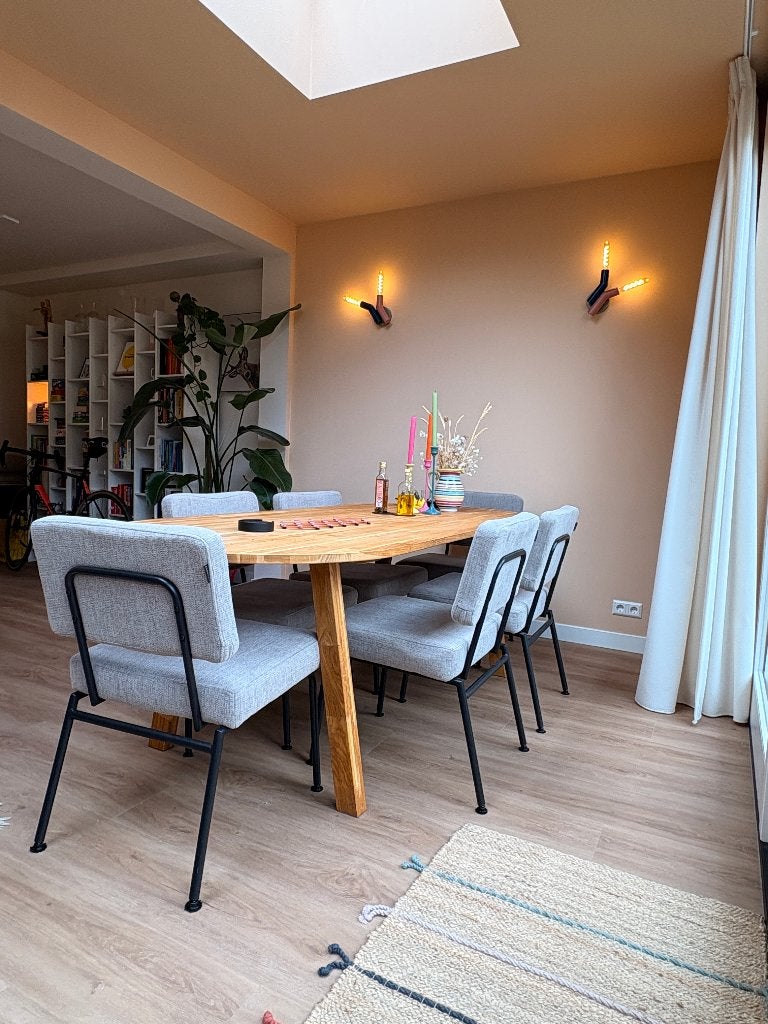 6x Eetkamerstoelen Espen – Taupe (Gerecyclede stof), Ophalen, Scandinavische moderne Espen taupe gerecyclede stof, Zo goed als nieuw