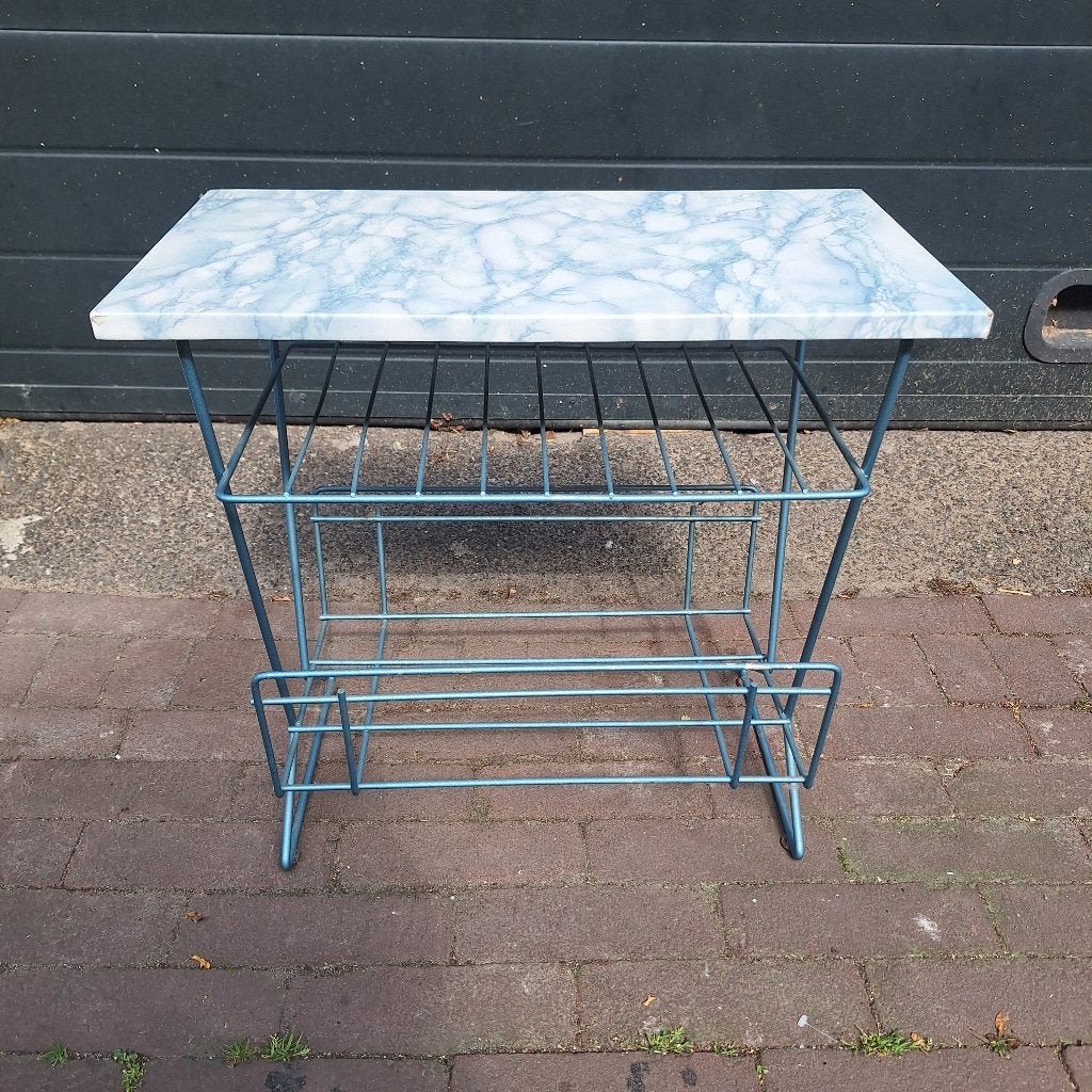 Vintage Bijzettafeltje / Sidetable van Metaal en Marmer-look, Ophalen, Gebruikt, Overige houtsoorten, -