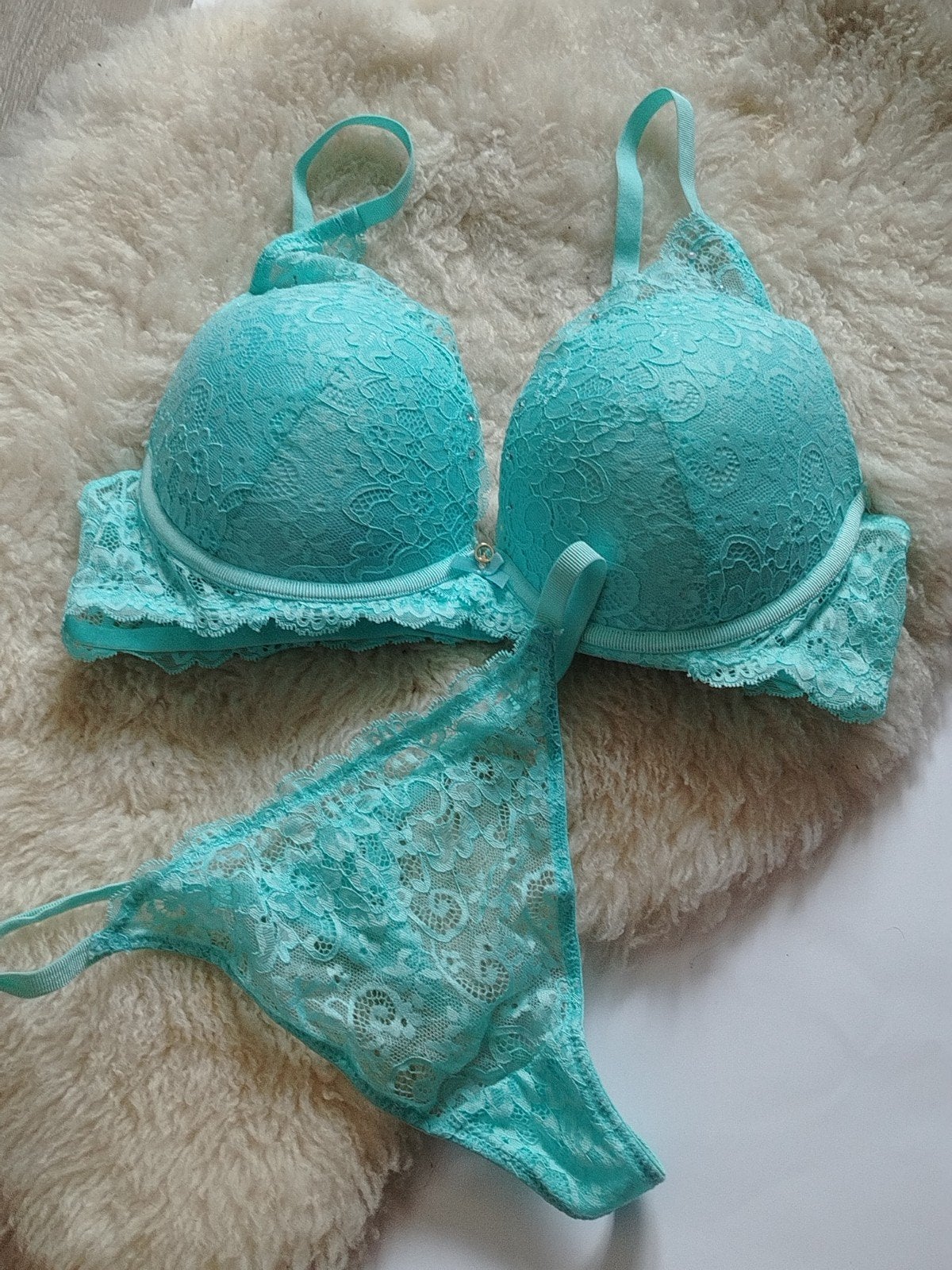 Turquoise kanten lingerieset 95 E, Onbekend, Ophalen of Verzenden, Blauw, Setje