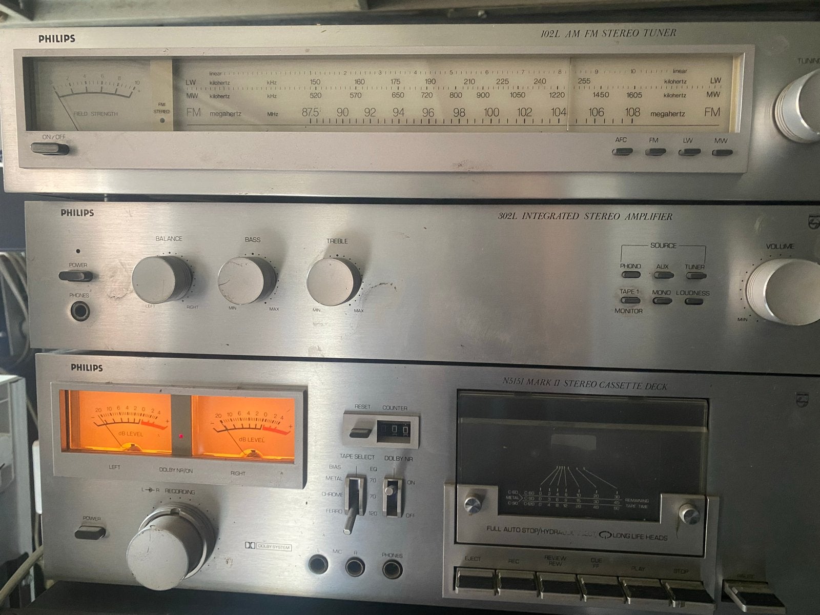 Philips Vintage Stereo Set: Tuner, Versterker, Cassettedeck, Philips, Gebruikt, Cassettedeck, Losse componenten