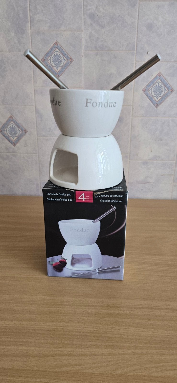 Chocolade Fondue Set - Wit Keramiek met Vorkjes, Overige typen, Ophalen of Verzenden, Zo goed als nieuw, Steen/keramiek