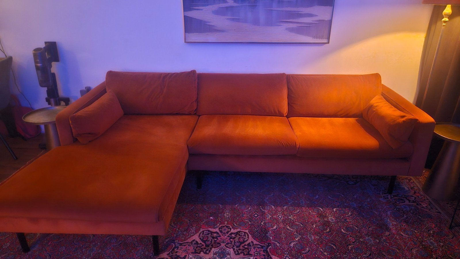 Comfortabele oranje hoekbank van de Wehkamp, Huis en Inrichting, Ophalen, 250 tot 300 cm, Gebruikt, 125 tot 150 cm