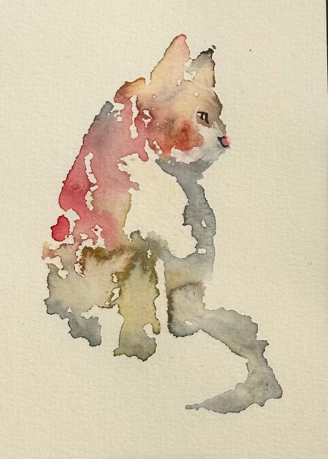 Poes Milou abstract aquarel, Aquarel, Papier/karton, Ingelijst, Ophalen of Verzenden