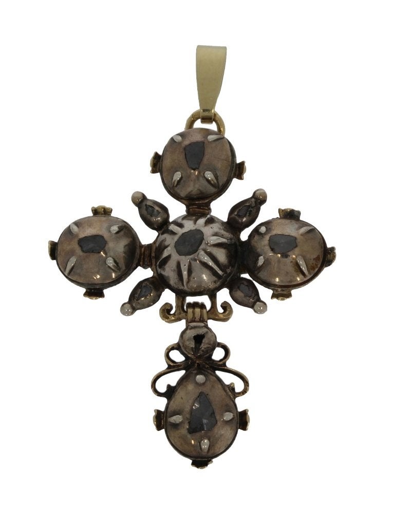 Diamanten kruis antieke grote 14k ketting hanger zilver, Ophalen of Verzenden, Goud, Hanger, Met edelsteen