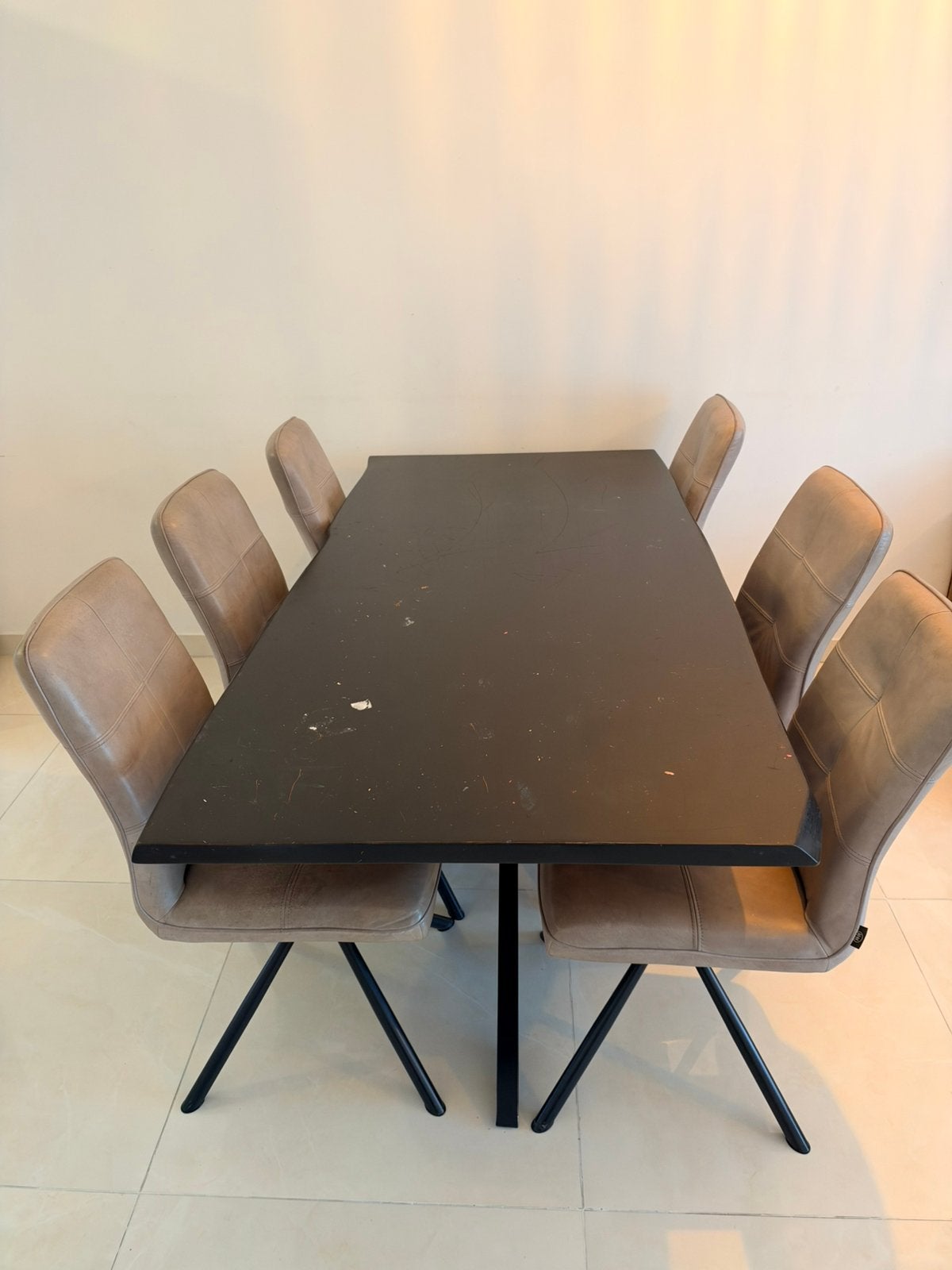 Eettafel Mangohout met Spinpoot optioneel6 H&H Milva stoelen, Ophalen, 200 cm of meer, 50 tot 100 cm, Zo goed als nieuw