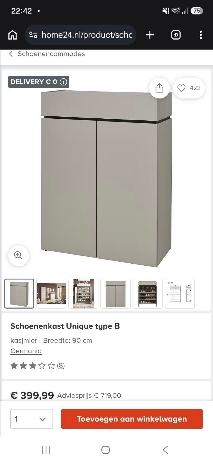 Schoenenkast Unique type B kasjmier/beige Home24, Ophalen of Verzenden, Zo goed als nieuw