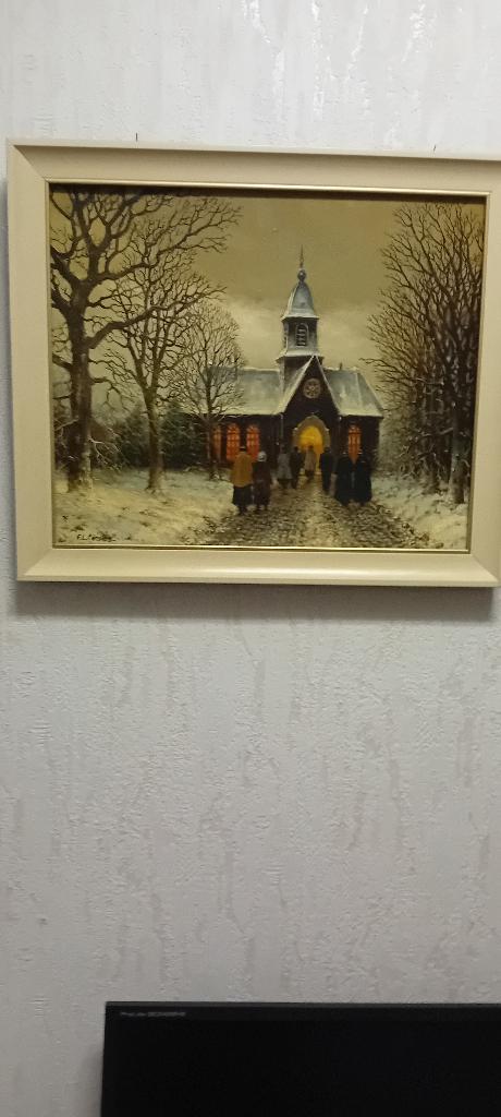 schilderij kerkje en personen, Antiek en Kunst, Ophalen