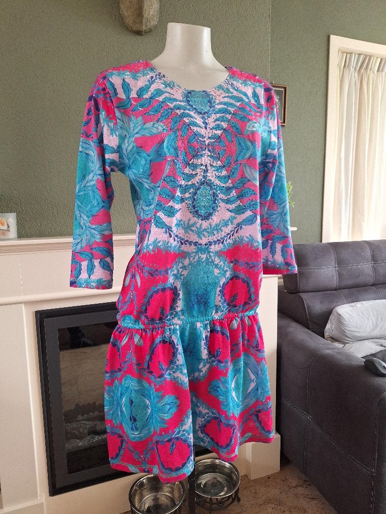 Custo jurk mooie turquoise roze mt 6 44 XL, Kleding | Dames, Custo, Maat 42/44 (L), Zo goed als nieuw, Knielengte