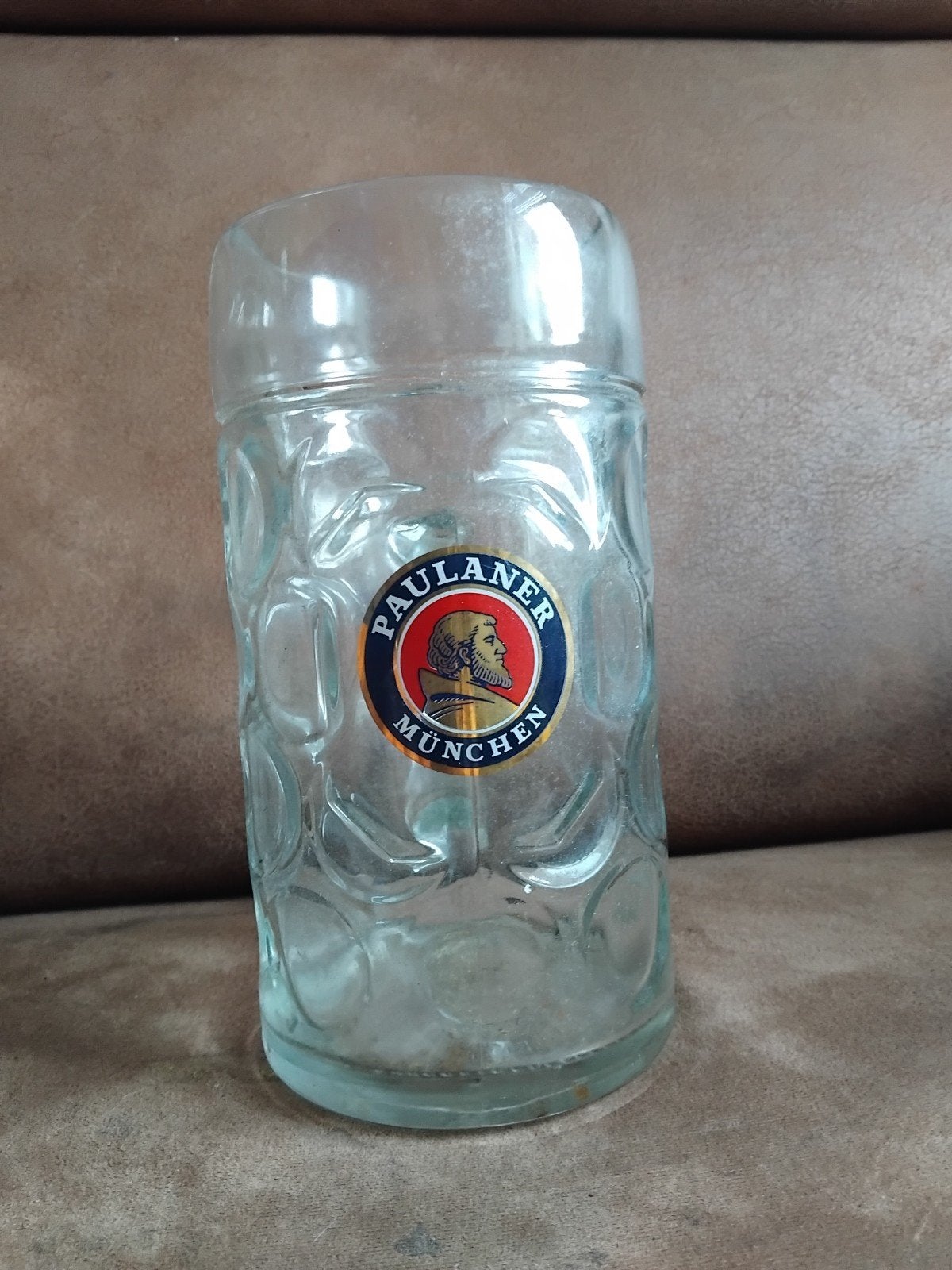 Paulaner München  Liter Bierpul - Vintage Glazen Bierpul, Antiek en Kunst, Ophalen of Verzenden