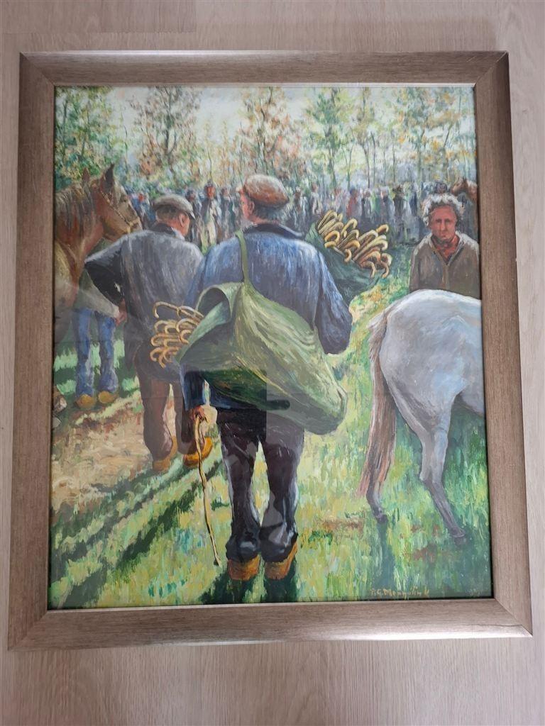 Schilderij paardenmarkt, gesigneerd Meppelink, Ophalen