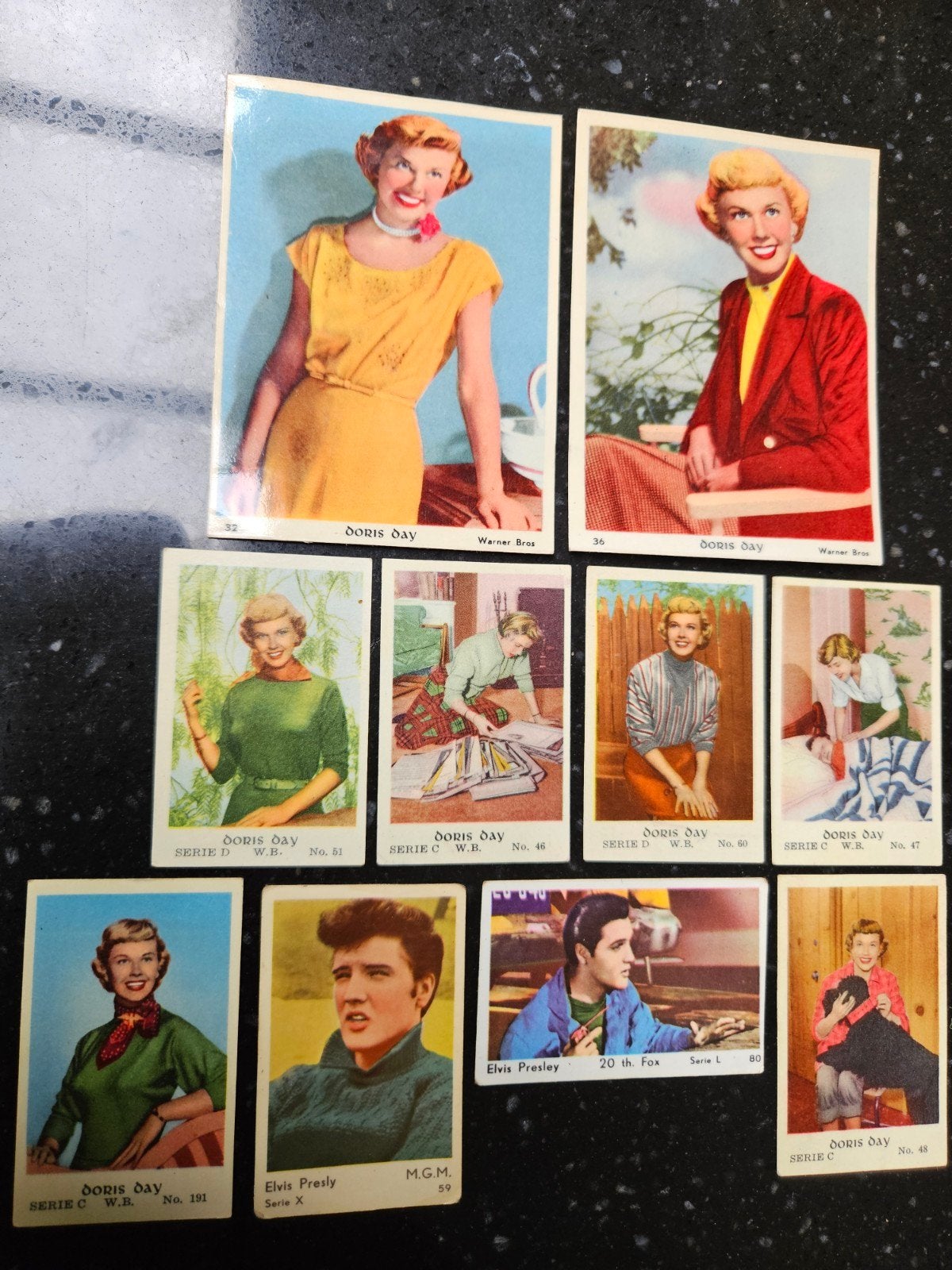 Doris Day & Elvis Presley verzamelkaartjes (11 stuks), Ophalen of Verzenden, Gebruikt, Foto of Kaart