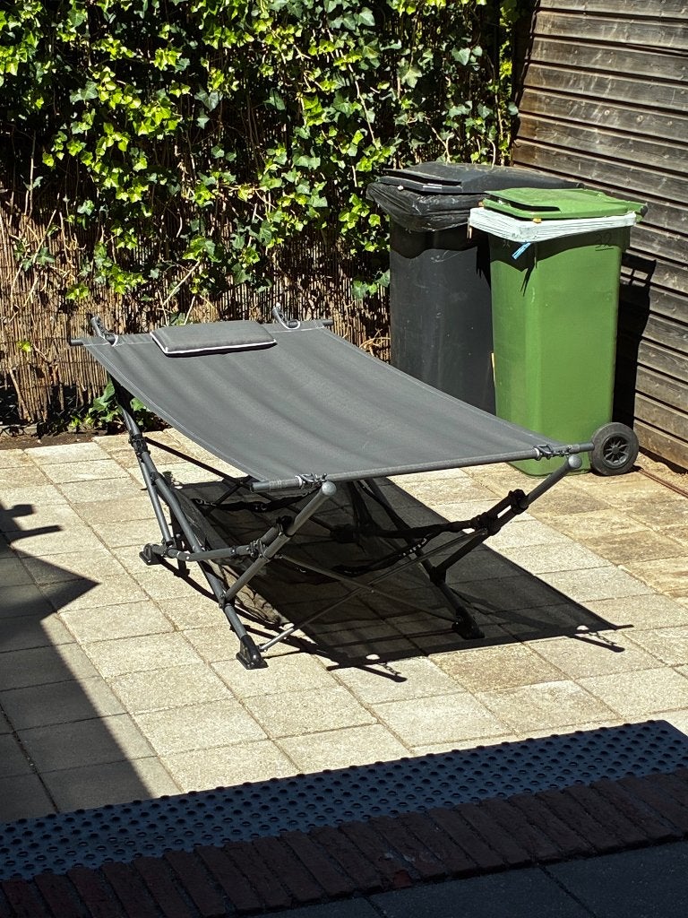Hangmat in klapbaar met hoofdkussenin tas, Ophalen, Opvouwbaar, Zo goed als nieuw, Eenpersoons