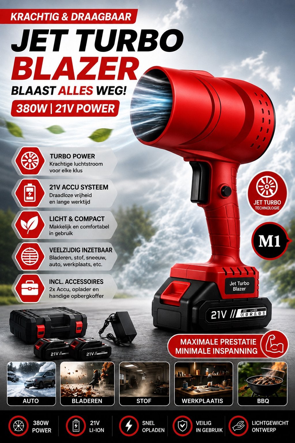 Jet Turbo Blazer 380W 21V Accu Bladblazer, Met zuigfunctie, Nieuw, Ophalen of Verzenden, Accu