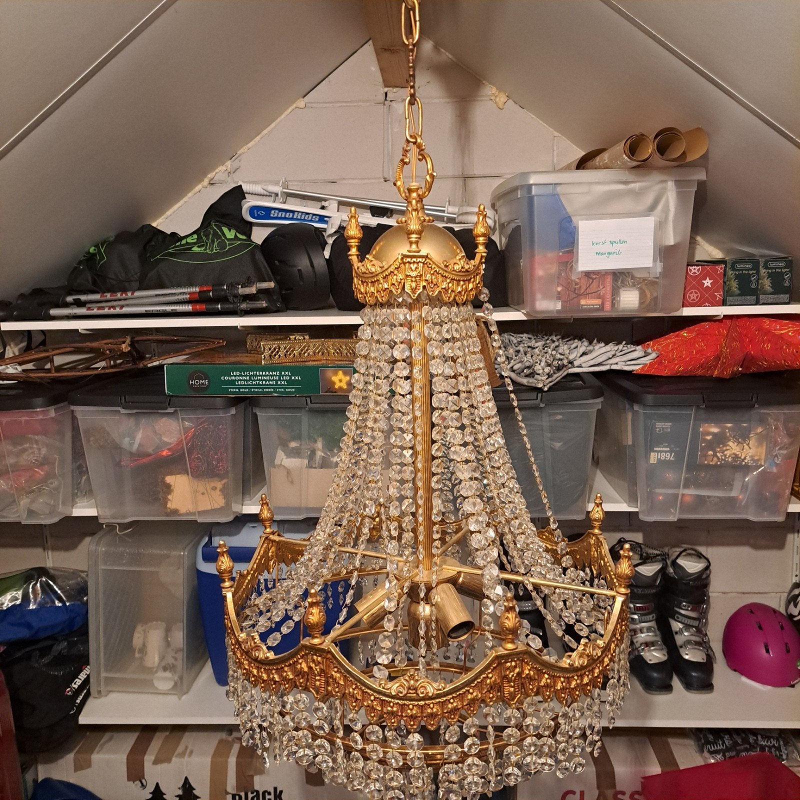 Gouden Kroonluchter met Kristallen - Klassiek Design, Ophalen, Gebruikt, Klassiek, Barok, Glamour, E14 (klein)