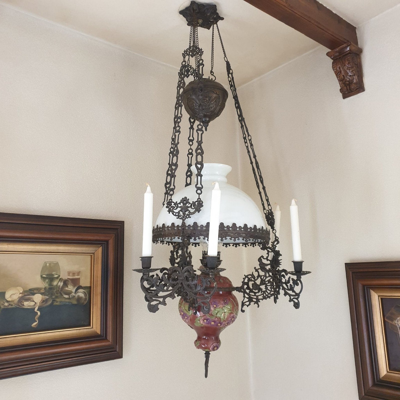 Antieke hanglamp met olielamp en kaarsen, Antiek en Kunst, Antiek | Lampen, Ophalen of Verzenden