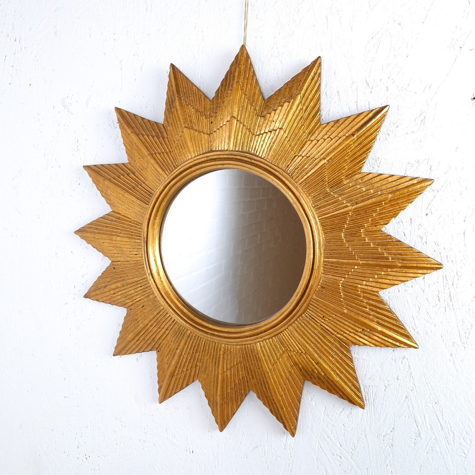 Vintage zonnespiegel mid century modern design jaren 70 goud, Ophalen, Rechthoekig, Minder dan 50 cm