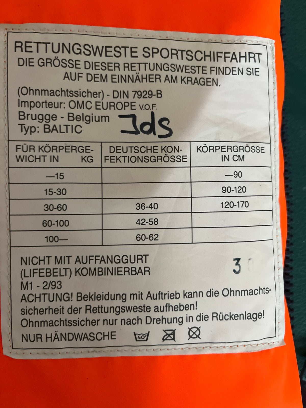 Baltic Reddingsvest Sport Schiffahrt 60-100 kg, Ophalen, Zo goed als nieuw, Overige typen