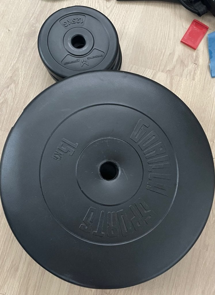 Verstelbare dumbells + barbell stang + gewichtsschijven, Ophalen, Gebruikt, Benen, Dumbbell