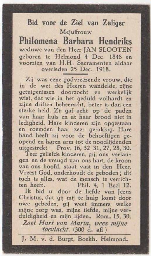 Philomena B. Hendriks 1848 - 1918 Helmond, 70 jaar oud, Verzenden