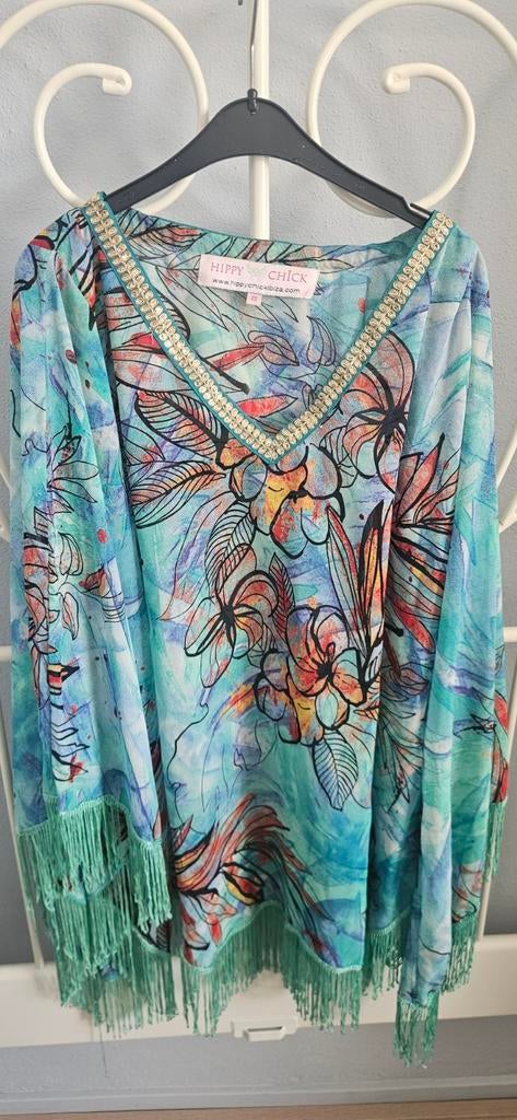 Hippie Chic Ibiza Tuniek met franjes en bloemenprint, Maat 38/40 (M), Blauw, Ophalen of Verzenden, Lange mouw