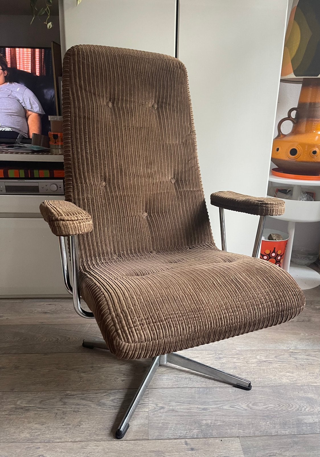 Goldsiegel 70s draaifauteuil ribstof, Huis en Inrichting, Fauteuils, Gebruikt, Vintage, 75 tot 100 cm, Ophalen of Verzenden