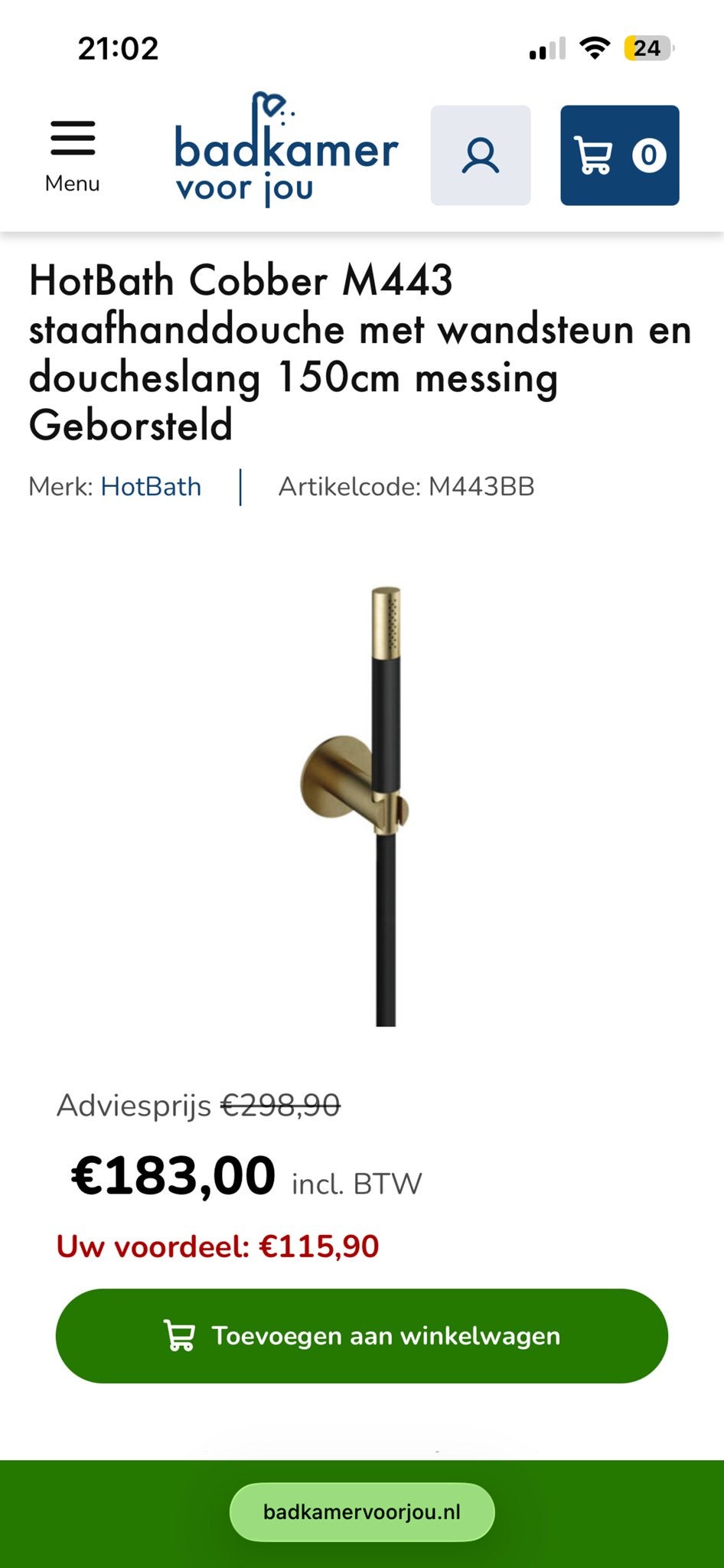 HotBath Cobber M443 staafhanddouche met wandsteun, Huis en Inrichting, Badkamer | Badtextiel en Accessoires, Ophalen of Verzenden