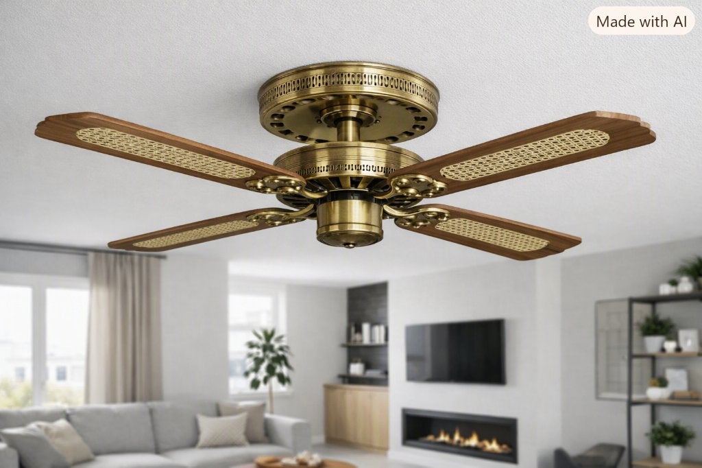 Mooie messing en houten plafond fan, Witgoed en Apparatuur, Ophalen of Verzenden, Zo goed als nieuw, Plafondventilator