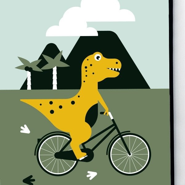 Kinderposter Muurposter Poster Dino op Fiets ANNIdesign, Rechthoekig Staand, Nieuw, Ophalen of Verzenden, A1 t/m A3